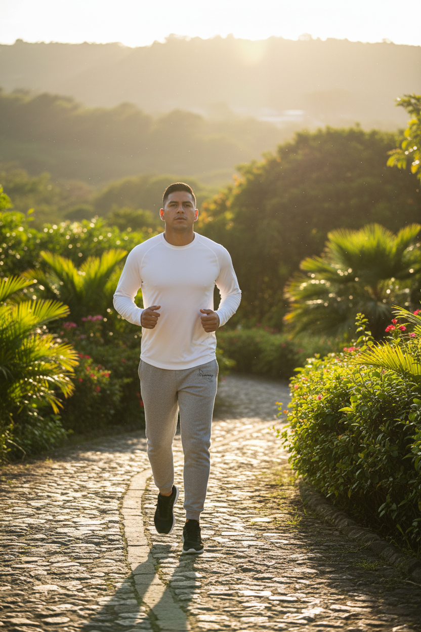 A pair of light gray Veracruz sports jogger pants with a waistband, side pockets, and a logo on the left leg. The person is standing against a white background.