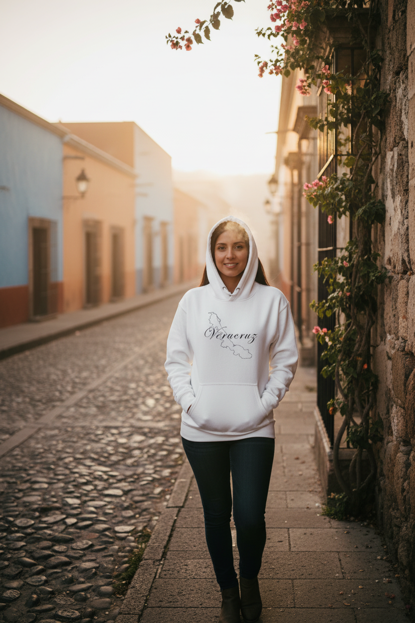 A white Veracruz unisex premium hoodie with a hood and front pouch pocket, displayed against a plain background.
