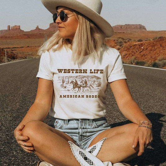 VIP HJN Women's Retro Cowboy Rodeo T-Shirt – Western Cowgirl Vintage Cotton Tee, White, L