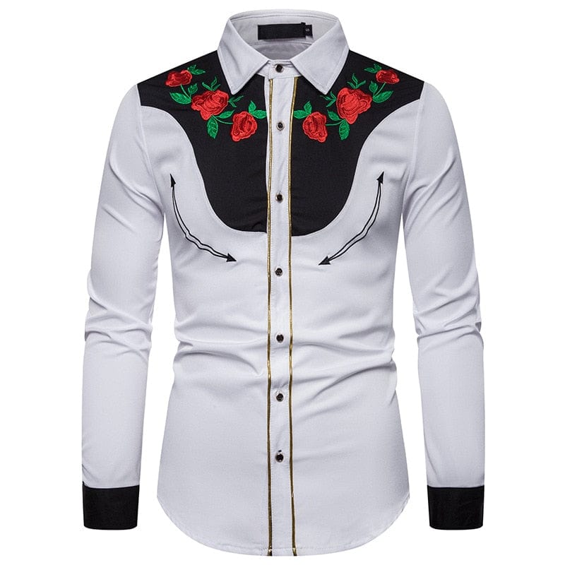 Men's Western Cowboy Shirt – 2021 Fashion Slim Fit Button-Up with Rose Floral Embroidery, Long Sleeve Dress Shirt XXL