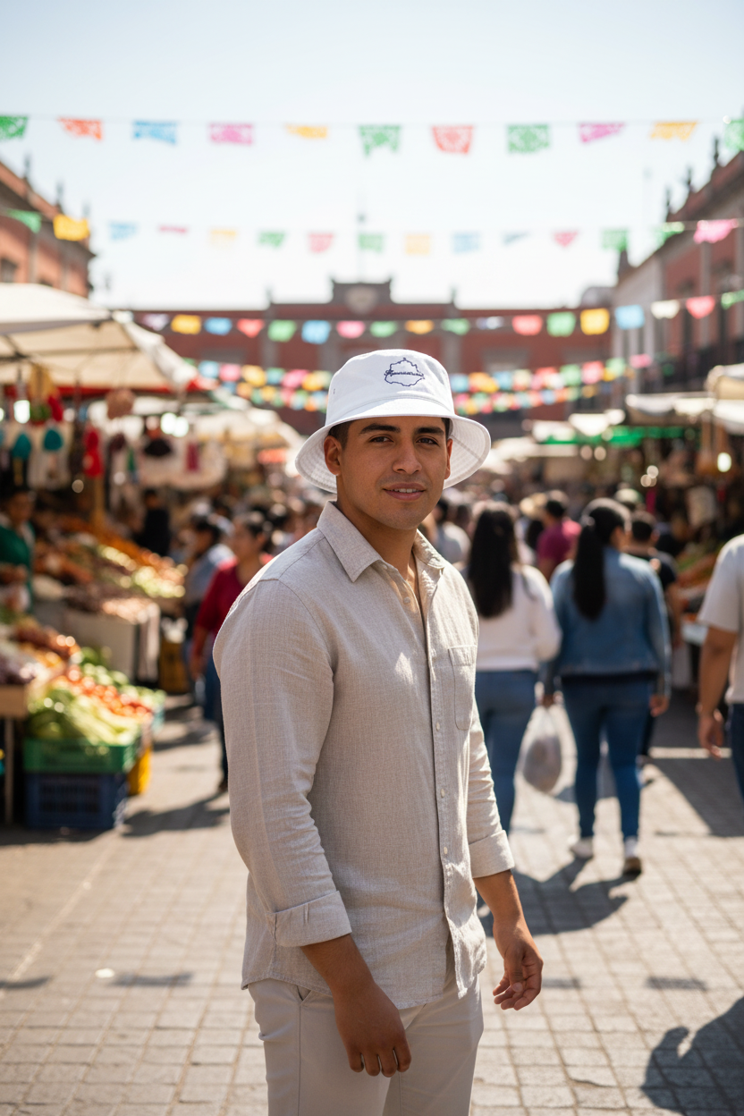 A man wearing a white Aguascalientes bucket hat and a light beige button-up shirt stands in a bustling outdoor market street with colorful flags and market stalls in the background.