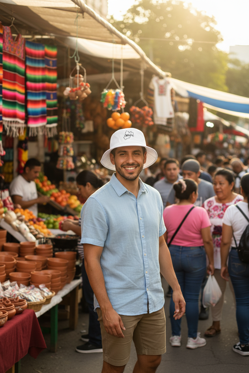 A man wearing a light blue short-sleeve button-up shirt, khaki shorts, and a Meixo white bucket hat with a small circular logo stands in a crowded outdoor market street with stalls, fruits, and colorful textiles in the background.