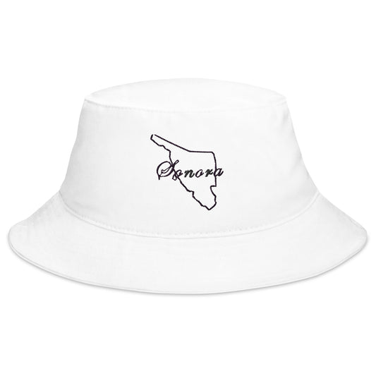 White bucket hat with the word 'Sonora' written in a stylized font on the front.
