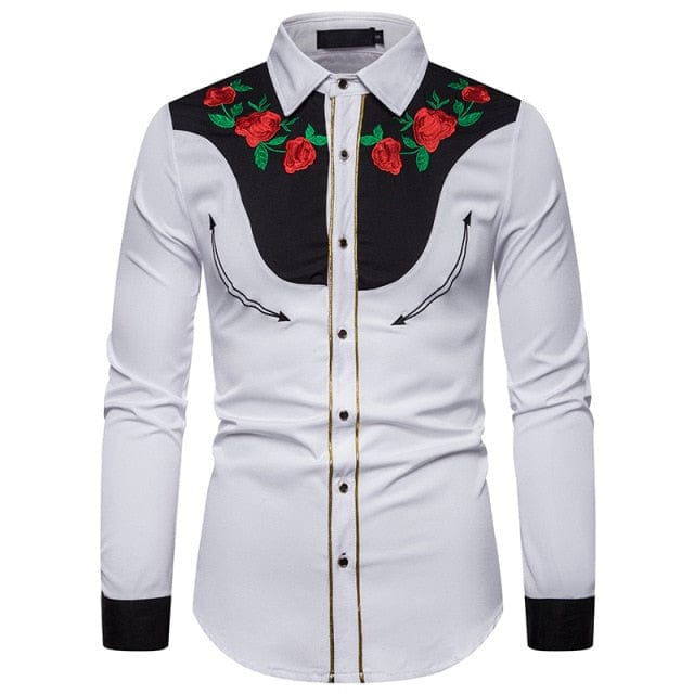 Men's Western Cowboy Shirt – 2021 Fashion Slim Fit Button-Up with Rose Floral Embroidery, Long Sleeve Dress Shirt XXL