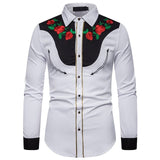 Men's Western Cowboy Shirt – 2021 Fashion Slim Fit Button-Up with Rose Floral Embroidery, Long Sleeve Dress Shirt XXL