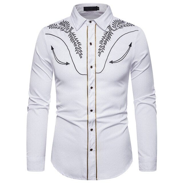 Men's Stylish Western Cowboy Embroidered Slim Fit Dress Shirt – White Long Sleeve Tuxedo Shirt for Weddings & Casual Wear