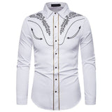 Men's Stylish Western Cowboy Embroidered Slim Fit Dress Shirt – White Long Sleeve Tuxedo Shirt for Weddings & Casual Wear