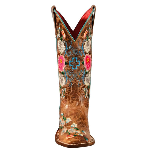 Women's Embroidery Rose Garden Cowgirl Boots Square Toe, Brown, 9-9.5