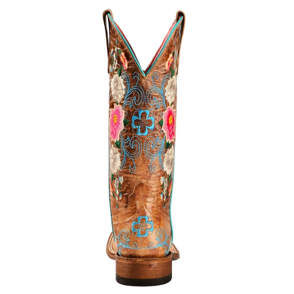 Women's Embroidery Rose Garden Cowgirl Boots Square Toe, Brown, 9-9.5