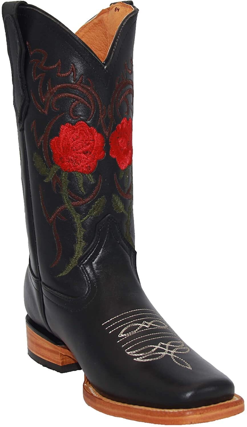 Bota vaquera estilo western con bordado floral de cuero para mujer