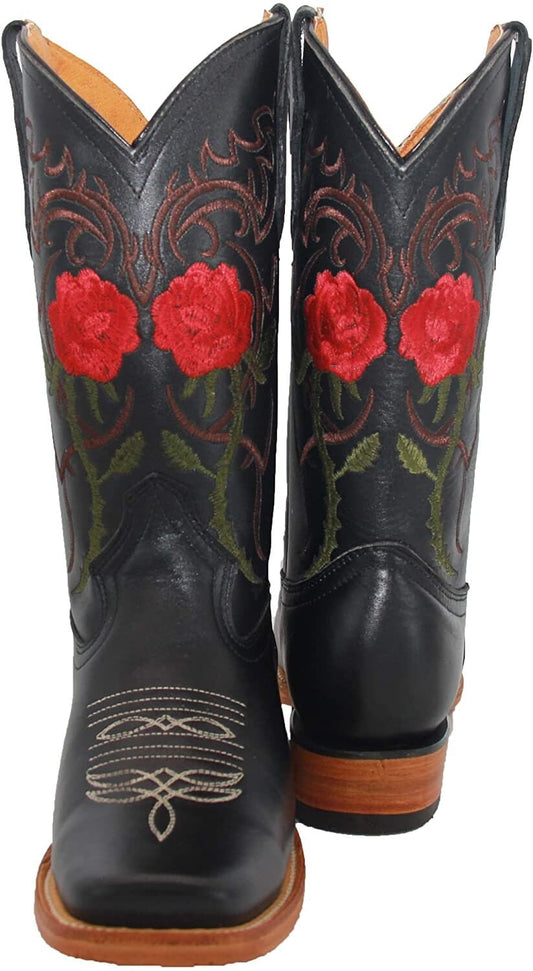 Bota vaquera estilo western con bordado floral de cuero para mujer