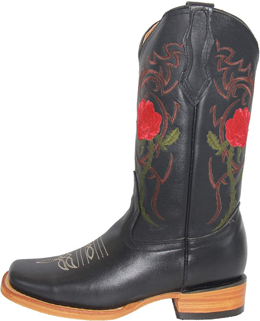 Bota vaquera estilo western con bordado floral de cuero para mujer