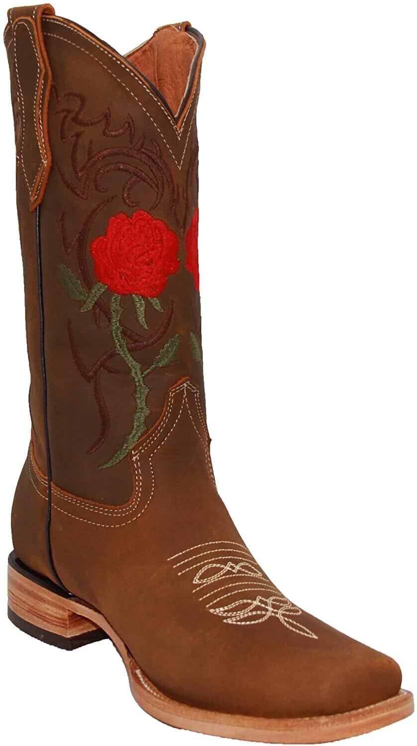 Bota vaquera estilo western con bordado floral de cuero para mujer