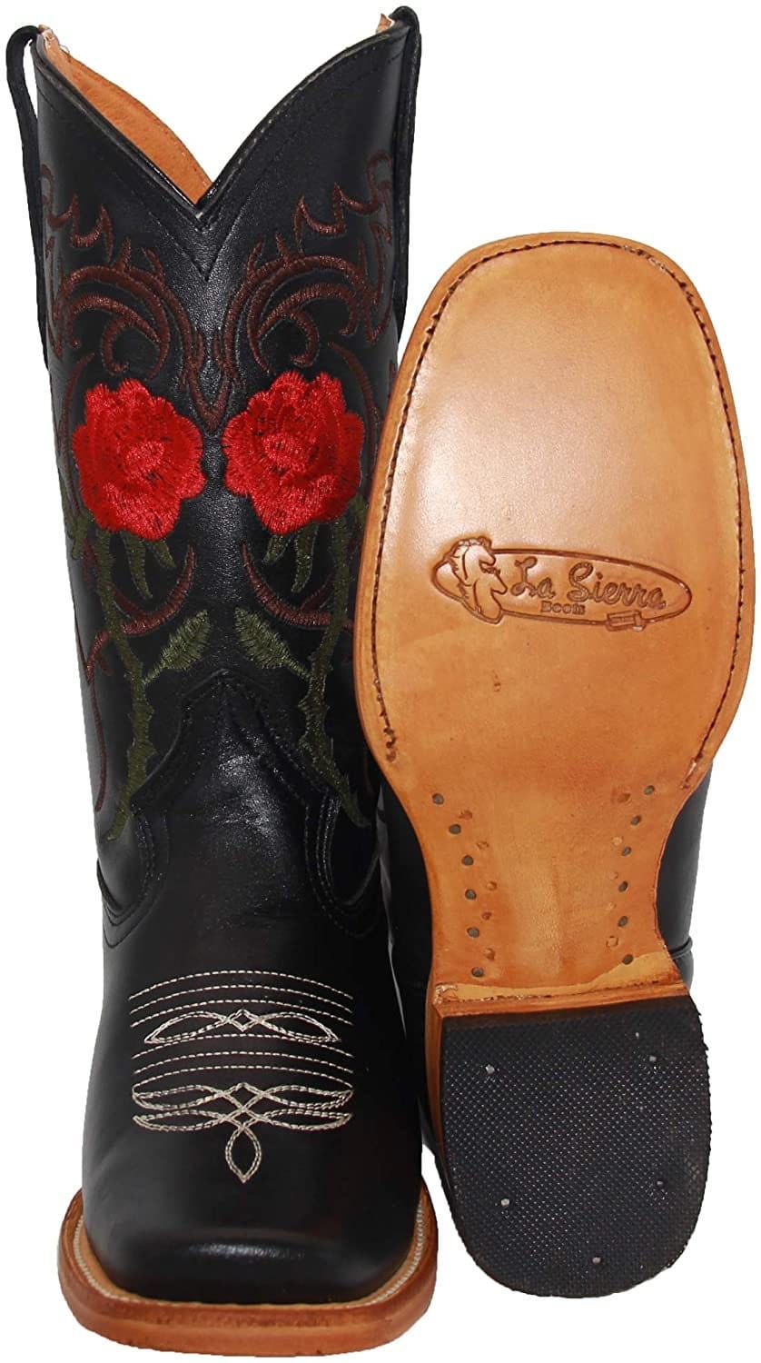 Bota vaquera estilo western con bordado floral de cuero para mujer