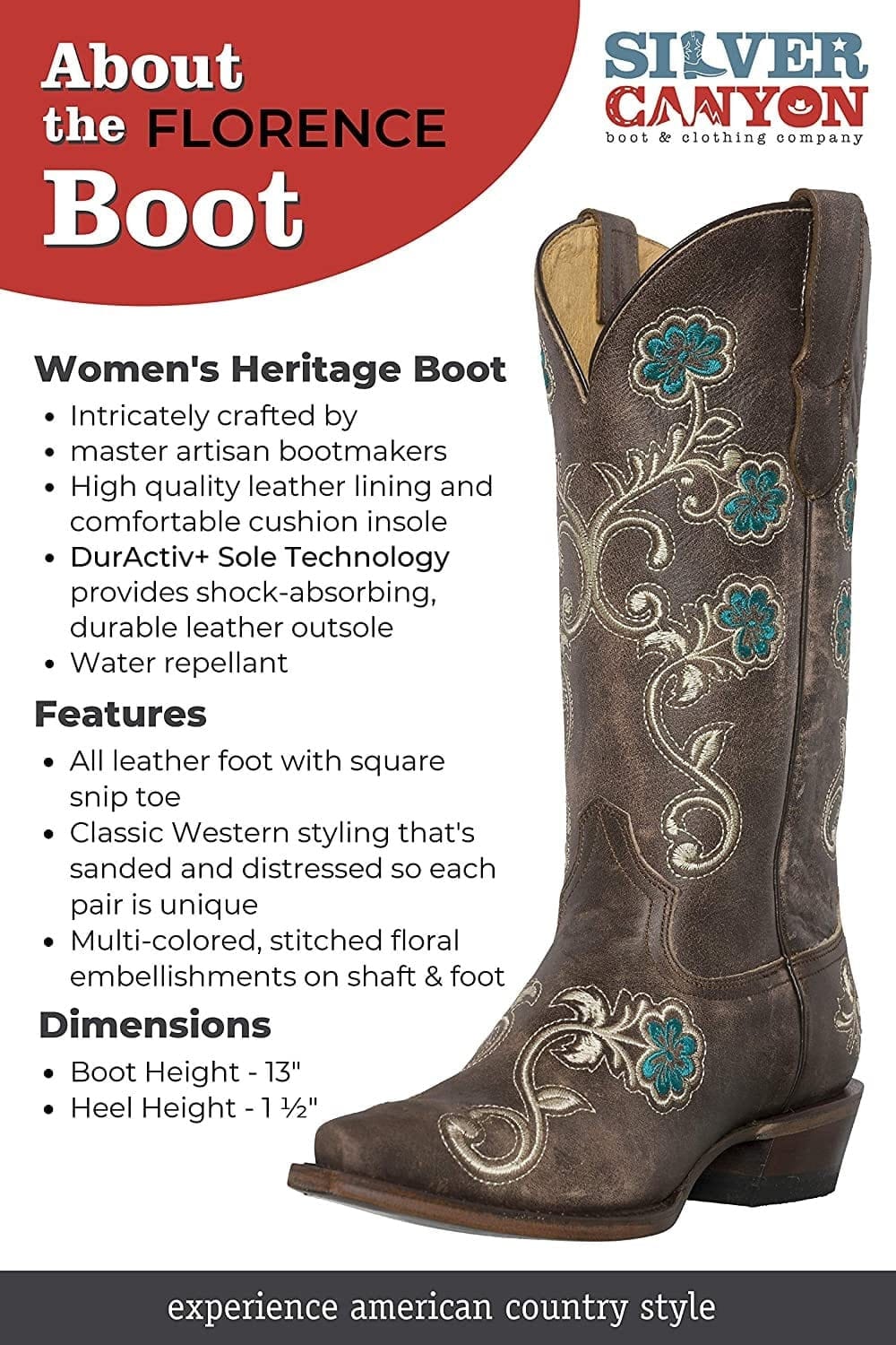 Botas vaqueras estilo western para mujer, Florence Heritage Square Snip Toe de Silver Canyon, cuero bordado