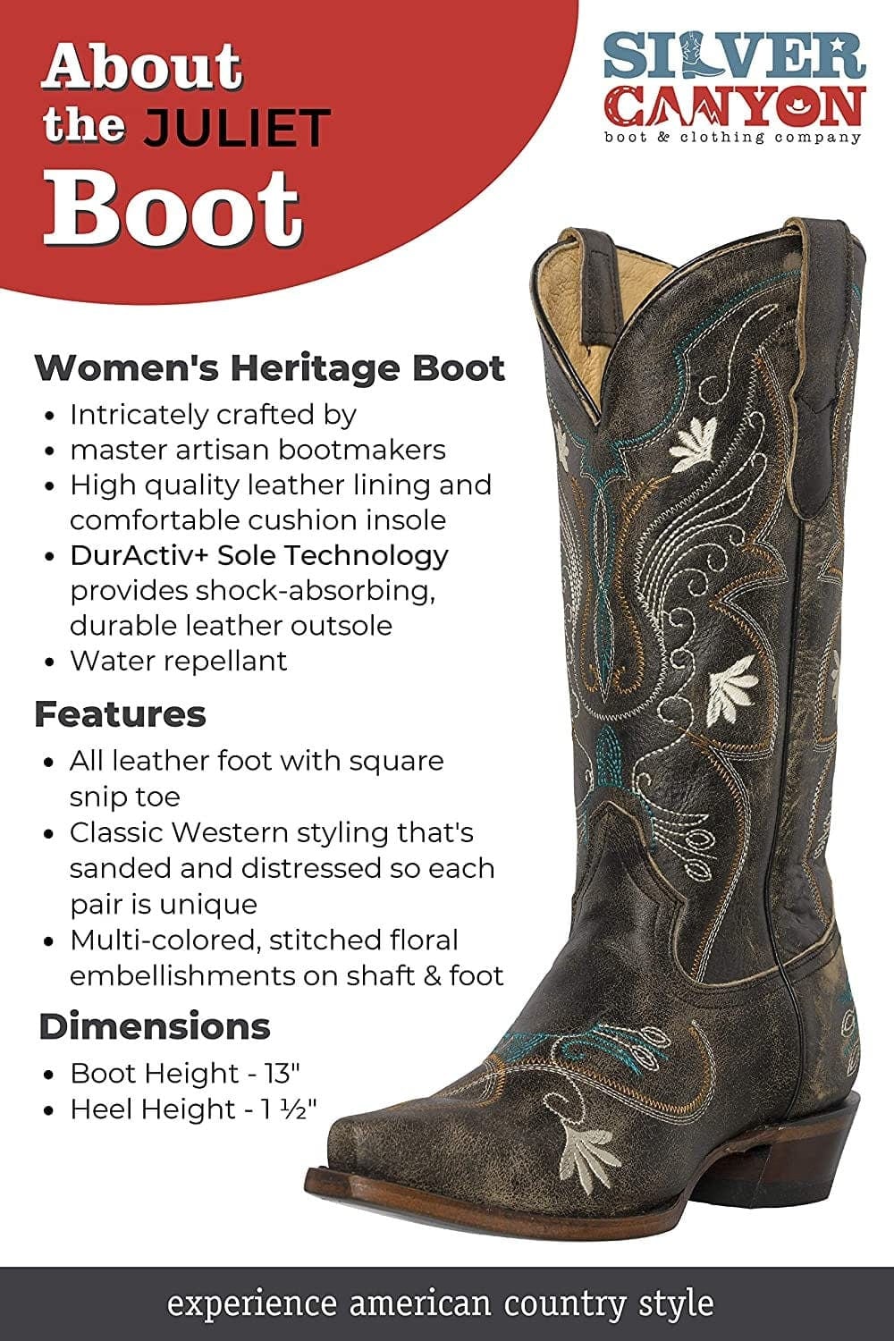 Botas vaqueras estilo western para mujer, Juliet Heritage Square Snip Toe de Silver Canyon, cuero bordado