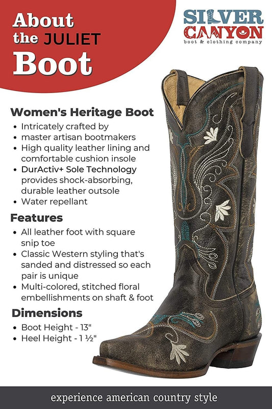 Botas vaqueras estilo western para mujer, Juliet Heritage Square Snip Toe de Silver Canyon, cuero bordado