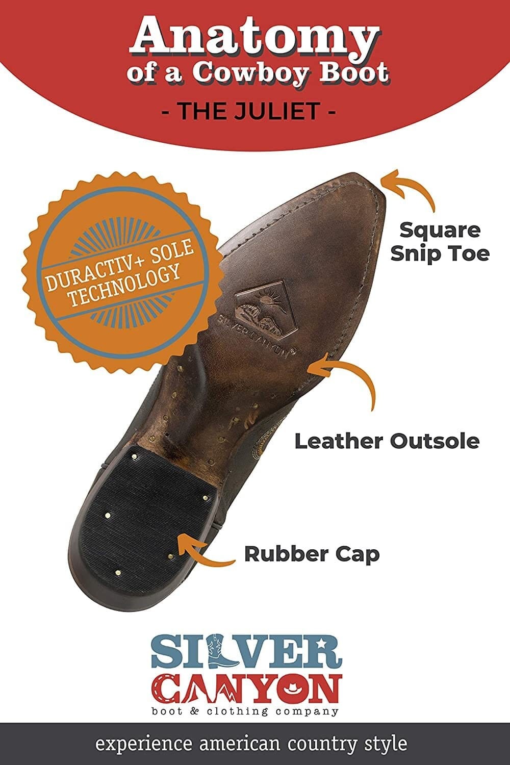 Botas vaqueras estilo western para mujer, Juliet Heritage Square Snip Toe de Silver Canyon, cuero bordado