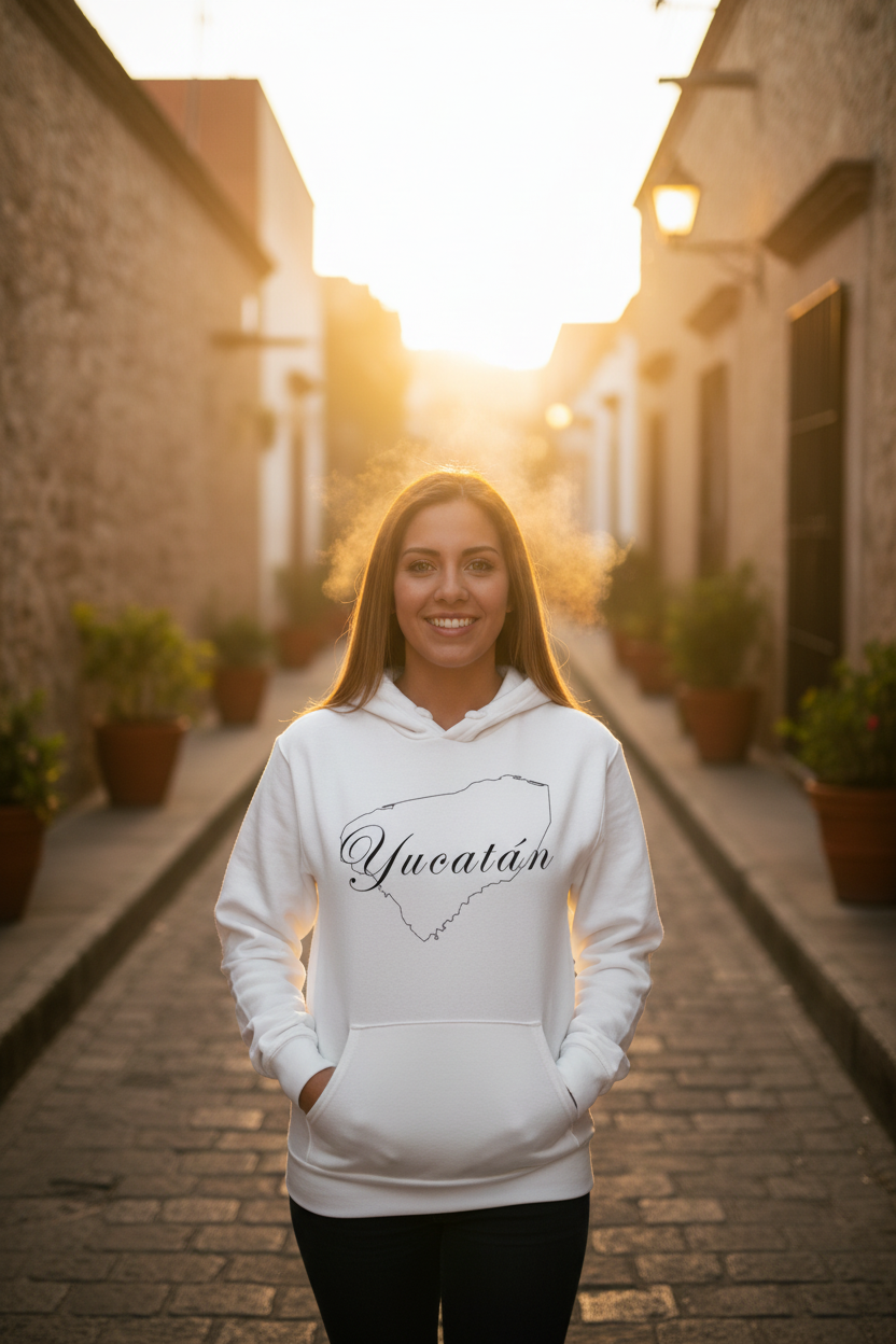 A woman wearing a white hoodie with the word 'Yucatán' printed in black script on the front.