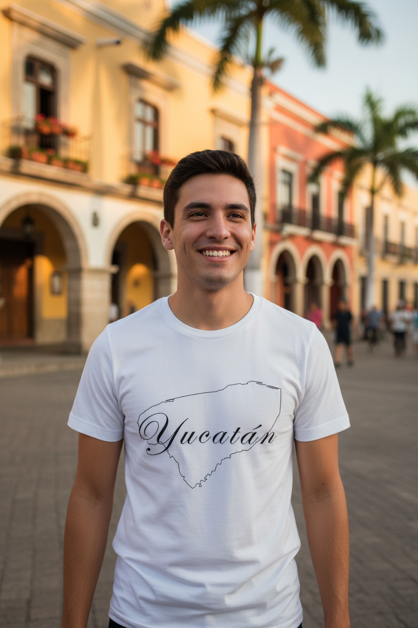 A smiling man wearing a white t-shirt with a black outline of the state of Yucatan and the word 'Yucatán' written across the front, standing in a sunny outdoor street with colonial-style buildings and palm trees in the background.