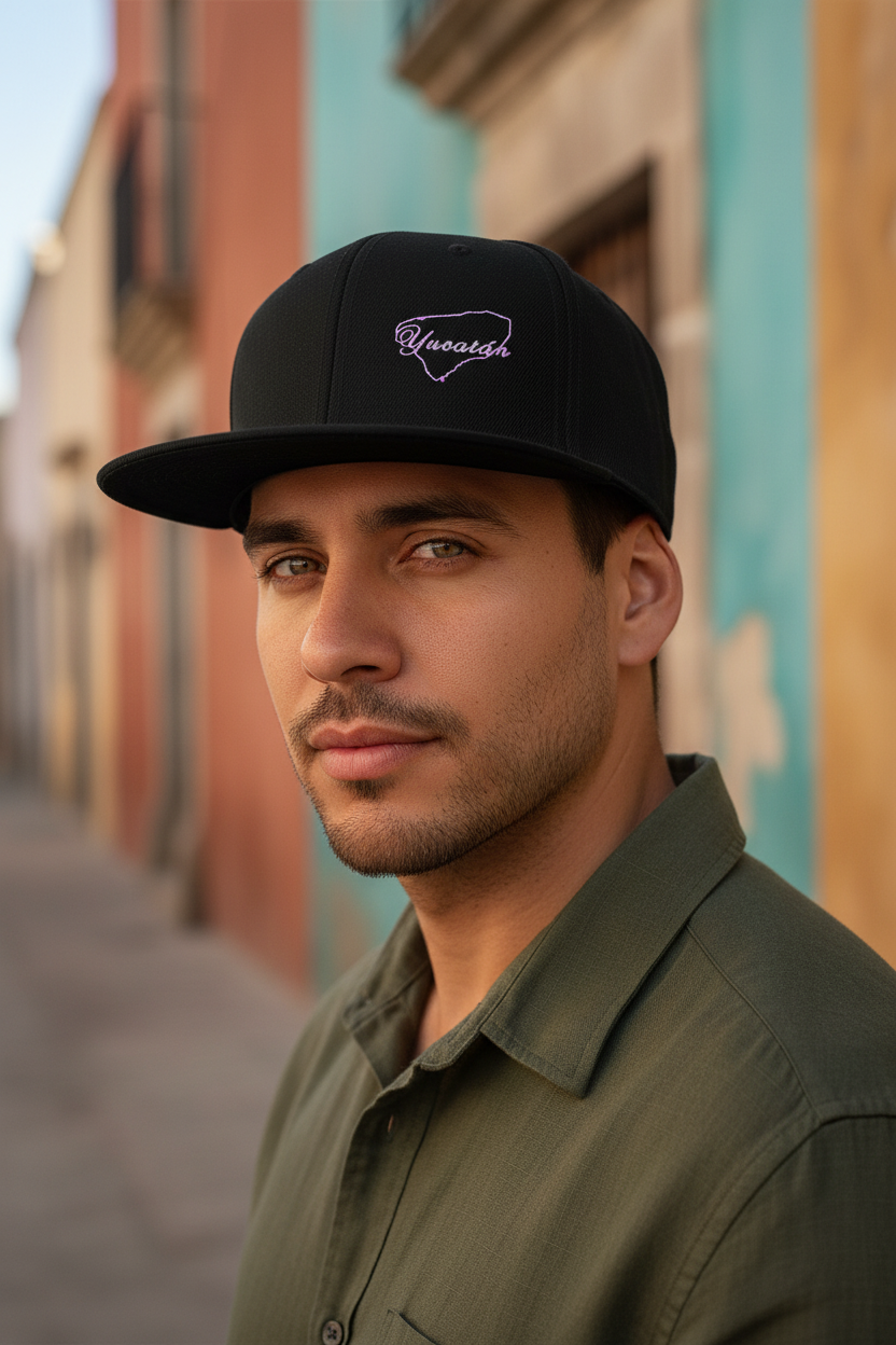 A man wearing a black baseball cap with a purple embroidered logo that reads 'Juarache' and an olive green shirt, standing outdoors against a blurred background of colorful buildings.