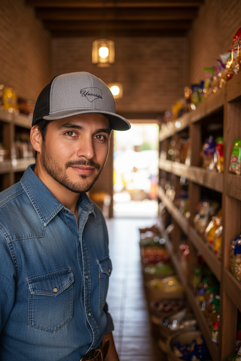 A gray Yucatan snapback trucker cap with a black visor featuring white embroidery of the Yucatan shape on the front.