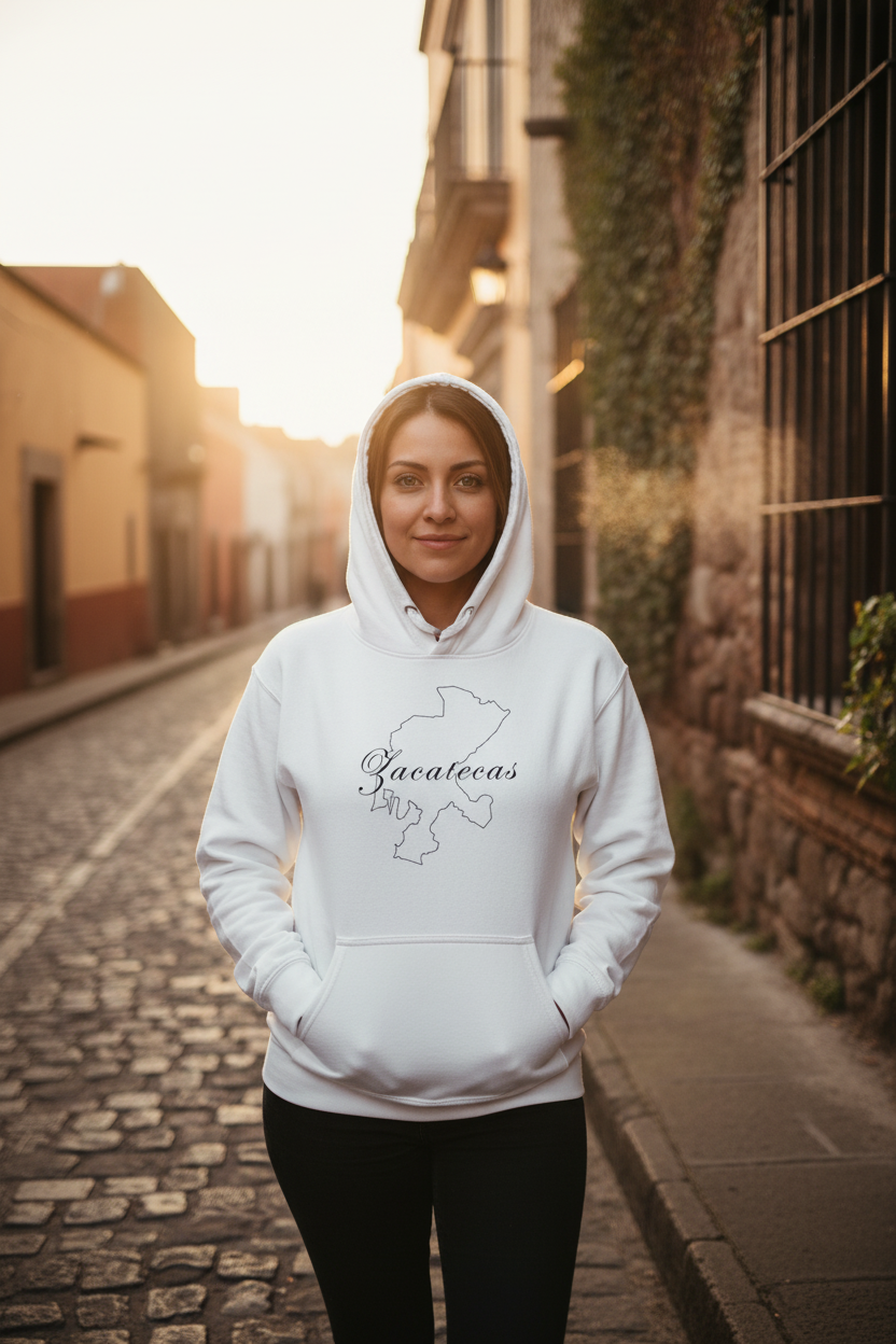A white unisex hoodie with a hood and a front pouch pocket, featuring a black graphic of a map on the front.