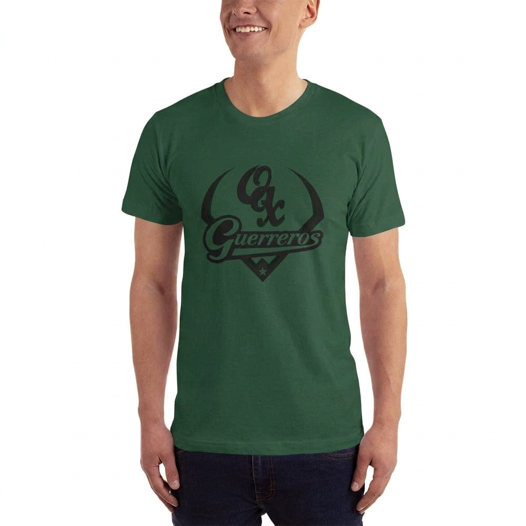Green unisex jersey T-shirt with crew neck and “Guerreros” chest graphic