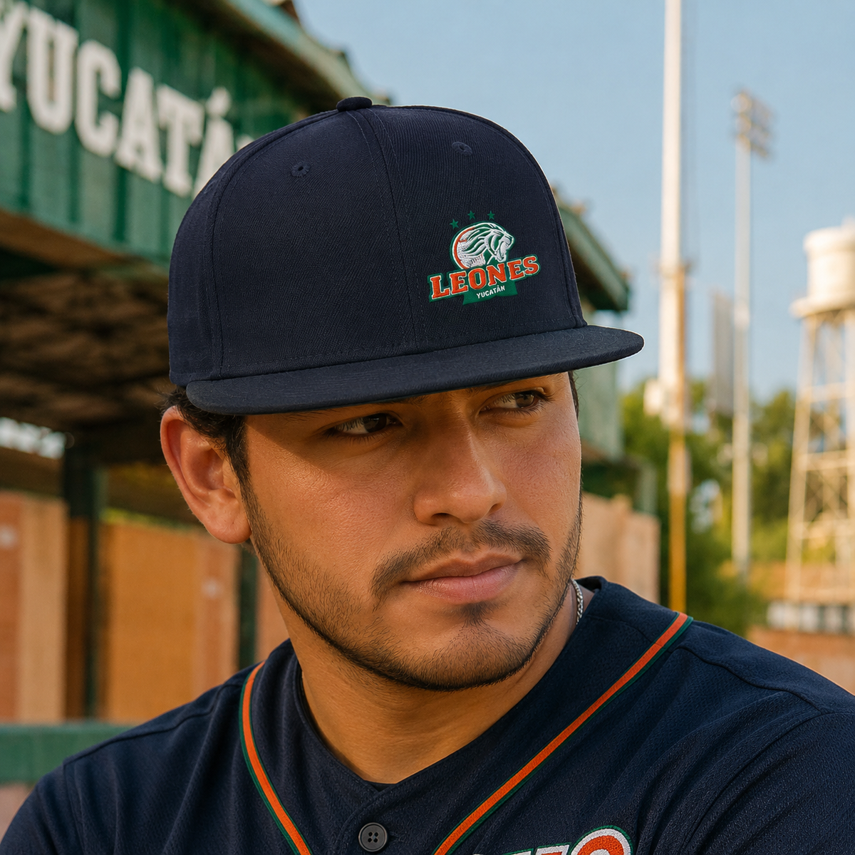A Mexican model wearing the Leones de Yucatan snapback hat in a realistic outdoor lifestyle setting, with the front design clearly visible. The Leones de Yucatan snapback hat is shown naturally.