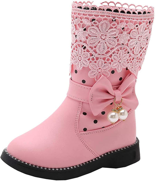 DADAWEN Girls' Waterproof Lace Bowknot Side Zipper Fur Winter Boots for Toddler to Big Kid, 9 Toddler, Black