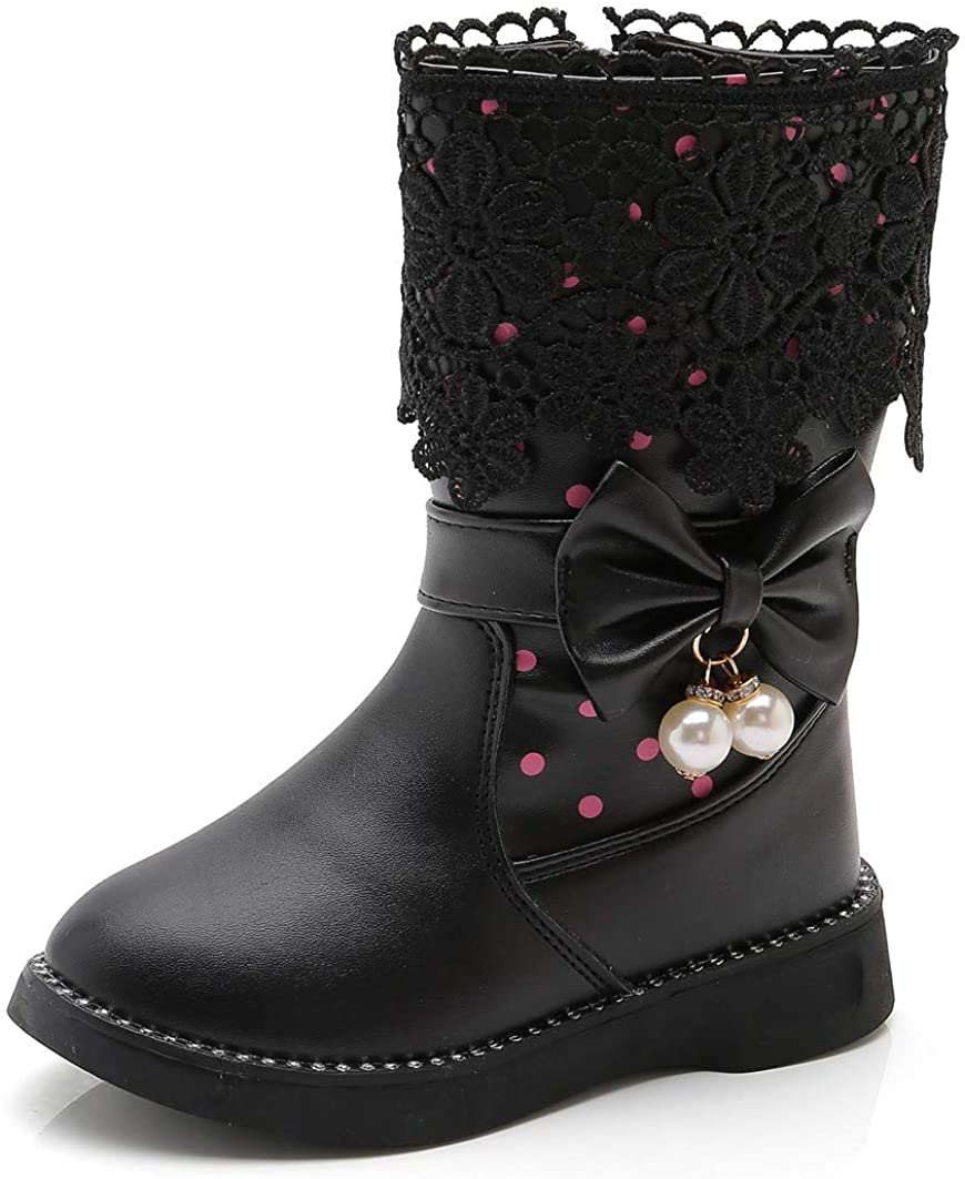 DADAWEN Girls' Waterproof Lace Bowknot Side Zipper Fur Winter Boots for Toddler to Big Kid, 9 Toddler, Black