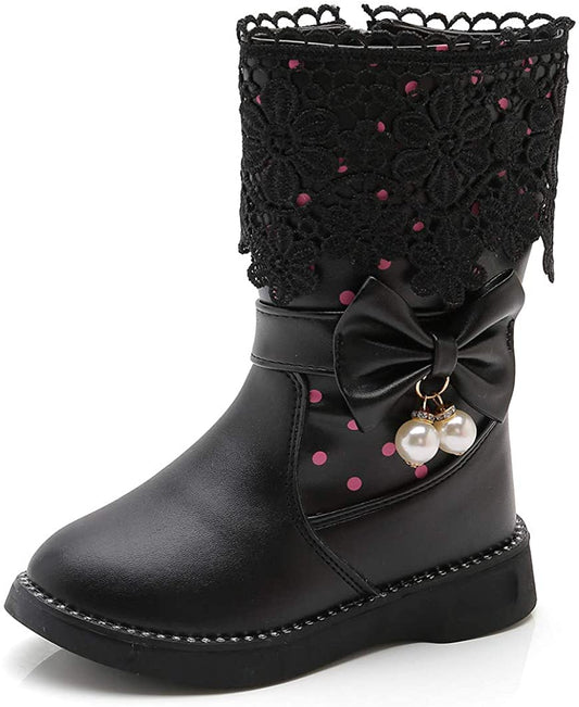 DADAWEN Girls' Waterproof Lace Bowknot Side Zipper Fur Winter Boots for Toddler to Big Kid, 9 Toddler, Black