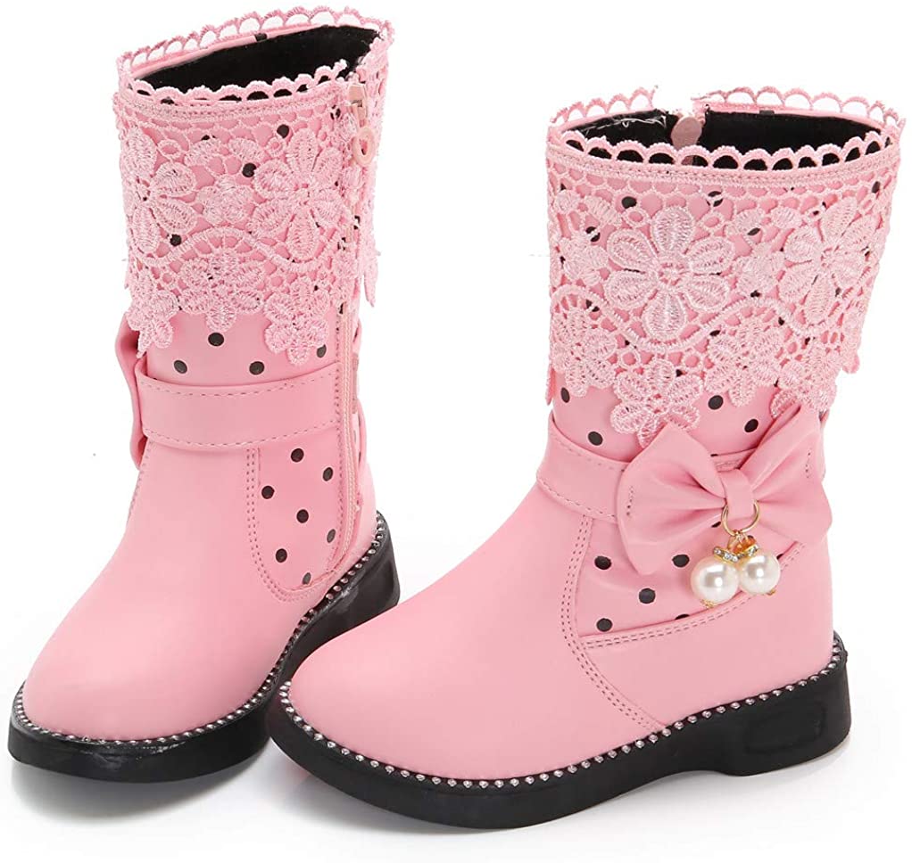 DADAWEN Girls' Waterproof Lace Bowknot Side Zipper Fur Winter Boots for Toddler to Big Kid, 9 Toddler, Black