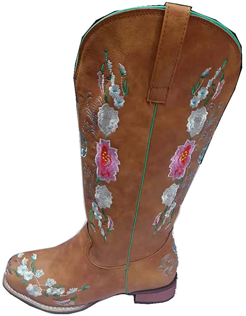 Women's Embroidered Snip Toe Mid-Calf Western Cowgirl Boots, 4, Beige n