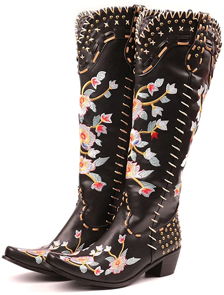 Women's Embroidered Snip Toe Mid-Calf Western Cowgirl Boots, 4, Beige n