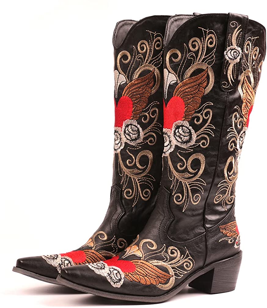 Women's Embroidered Snip Toe Mid-Calf Western Cowgirl Boots, 4, Beige n
