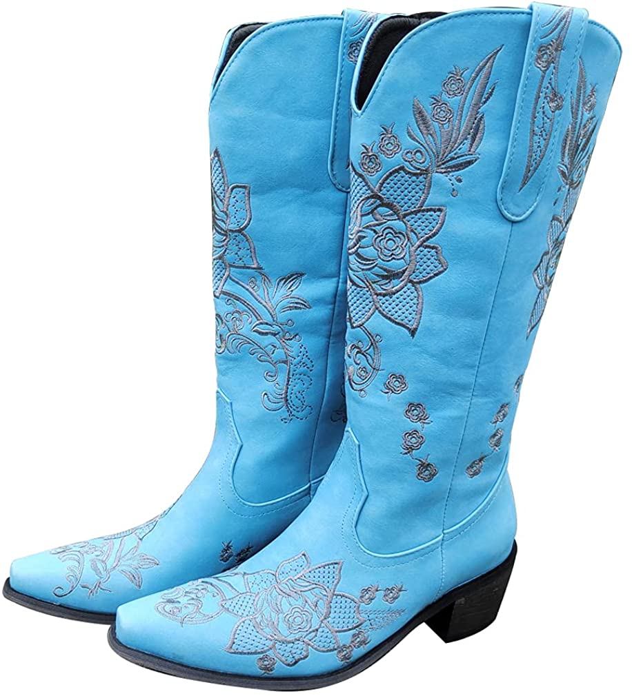 Women's Embroidered Snip Toe Mid-Calf Western Cowgirl Boots, 4, Beige n