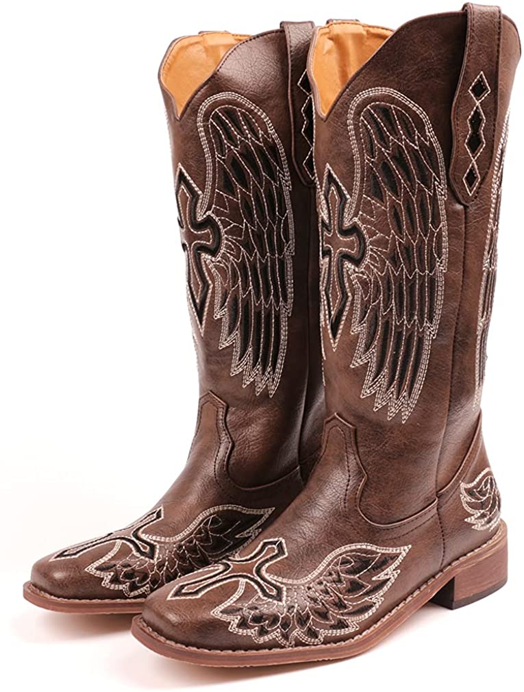 Women's Embroidered Snip Toe Mid-Calf Western Cowgirl Boots, 4, Beige n