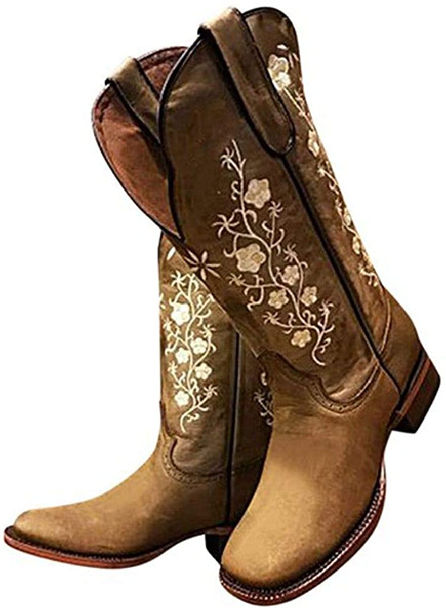 Women's Embroidered Snip Toe Mid-Calf Western Cowgirl Boots, 4, Beige n