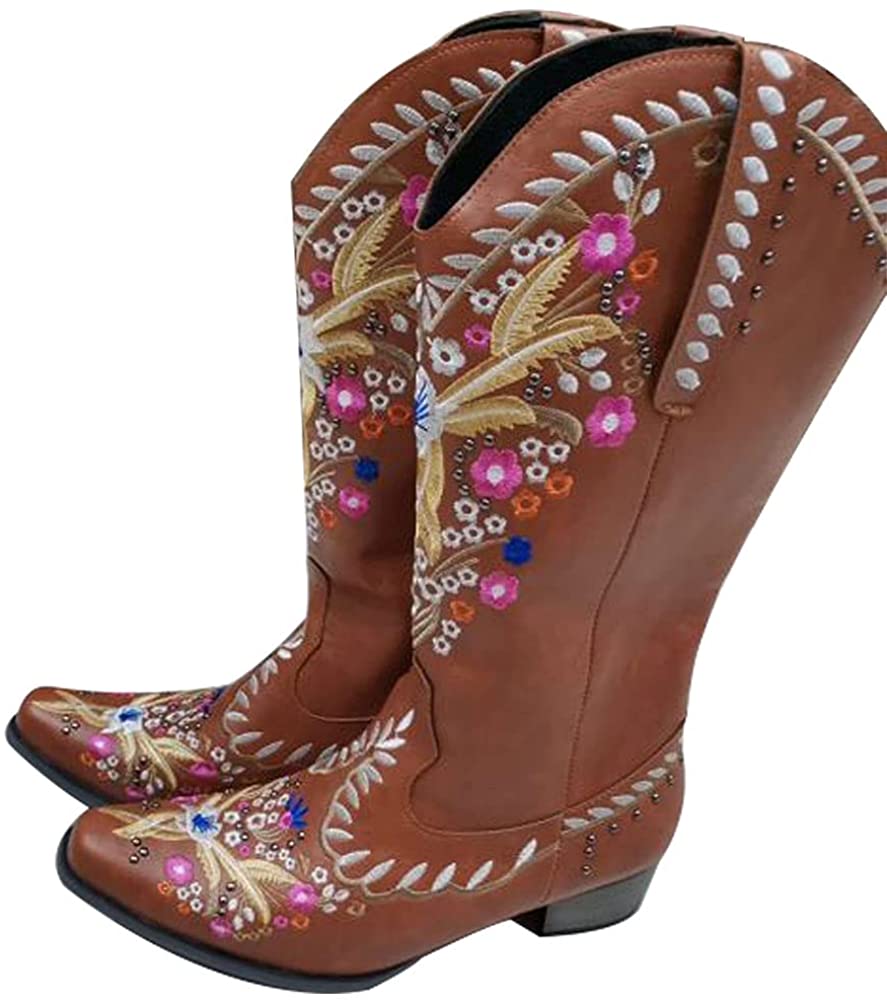 Women's Embroidered Snip Toe Mid-Calf Western Cowgirl Boots, 4, Beige n