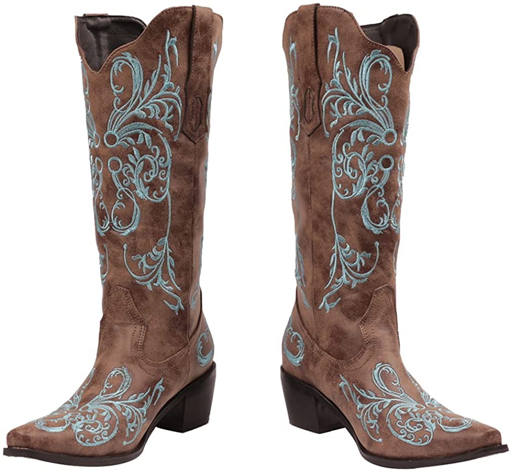 Women's Embroidered Snip Toe Mid-Calf Western Cowgirl Boots, 4, Beige n