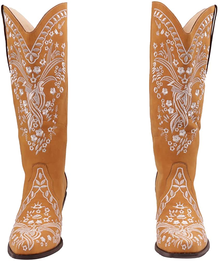 Women's Embroidered Snip Toe Mid-Calf Western Cowgirl Boots, 4, Beige n