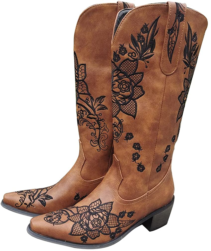 Women's Embroidered Snip Toe Mid-Calf Western Cowgirl Boots, 4, Beige n