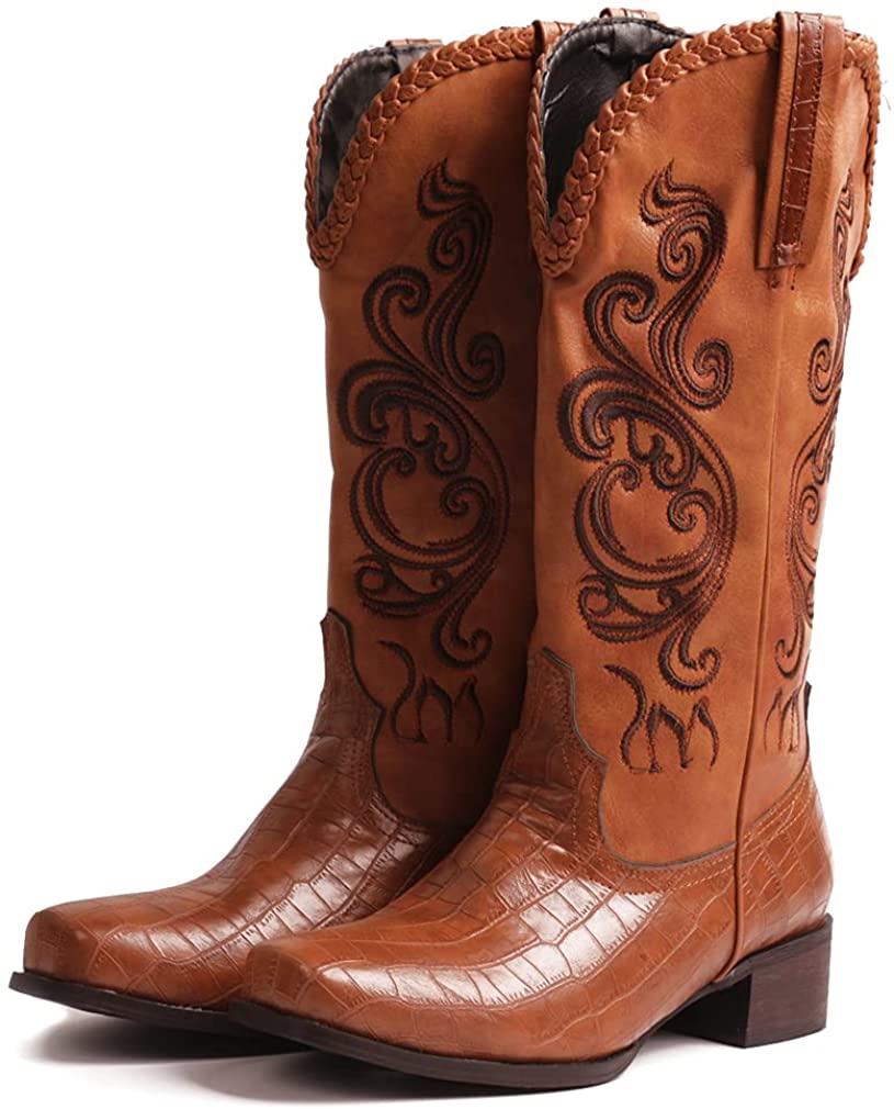 Women's Embroidered Snip Toe Mid-Calf Western Cowgirl Boots, 4, Beige n