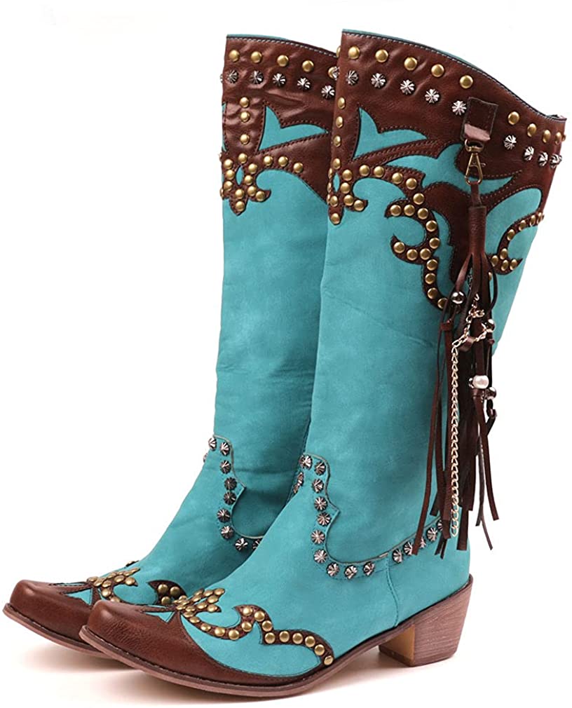 Women's Embroidered Snip Toe Mid-Calf Western Cowgirl Boots, 4, Beige n