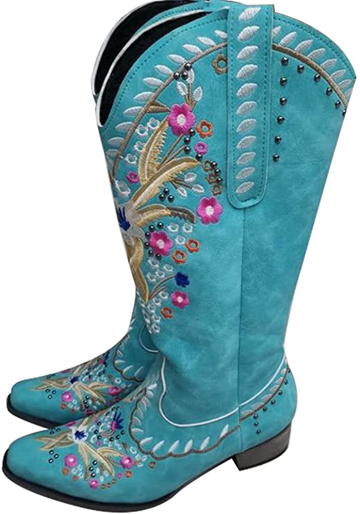 Women's Embroidered Snip Toe Mid-Calf Western Cowgirl Boots, 4, Beige n