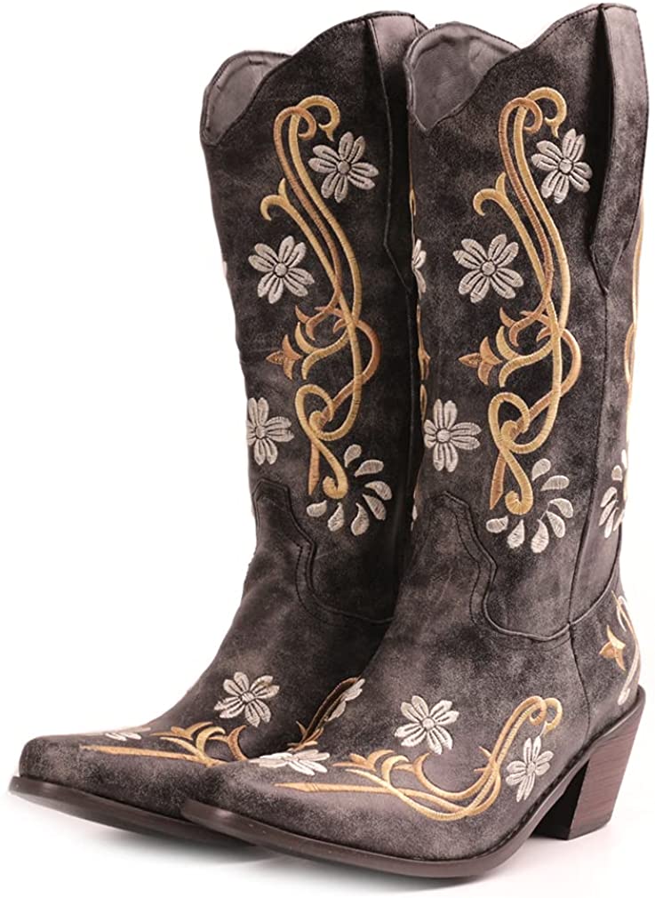 Women's Embroidered Snip Toe Mid-Calf Western Cowgirl Boots, 4, Beige n