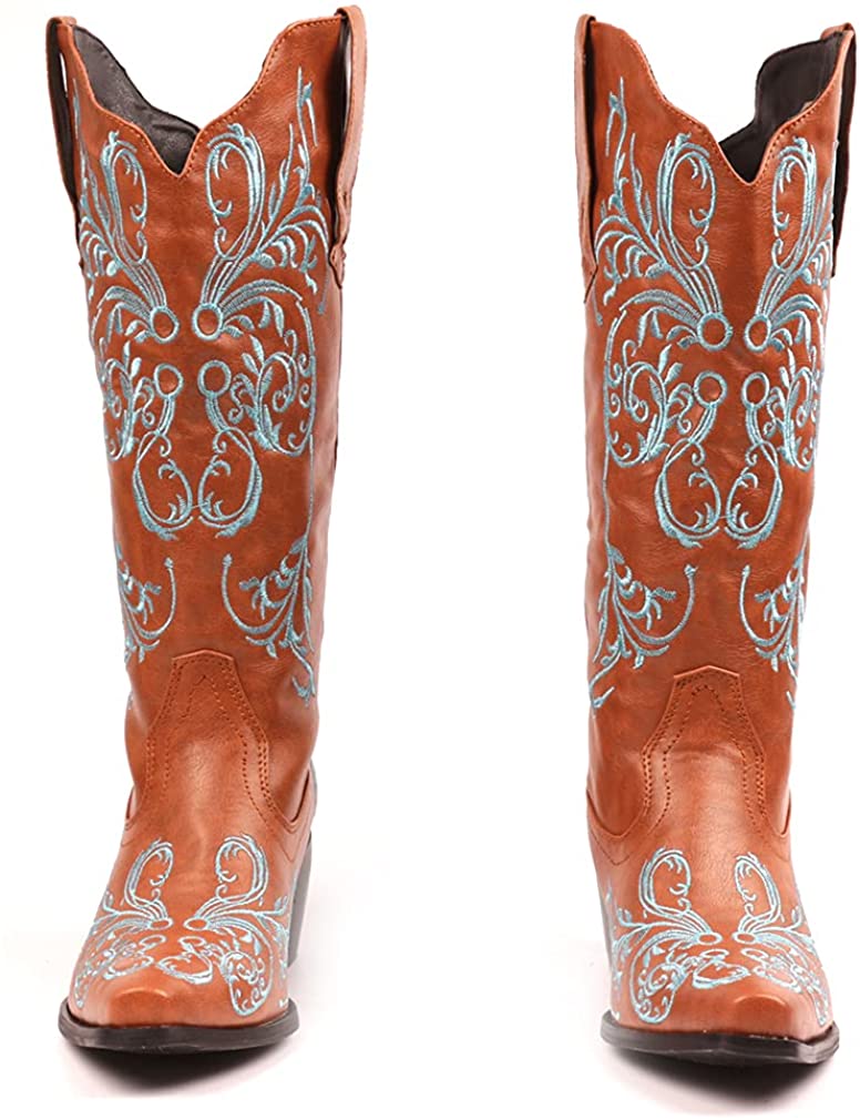 Women's Embroidered Snip Toe Mid-Calf Western Cowgirl Boots, 4, Beige n