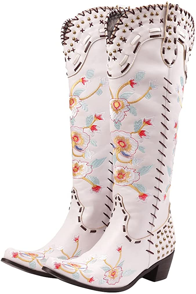 Women's Embroidered Snip Toe Mid-Calf Western Cowgirl Boots, 4, Beige n