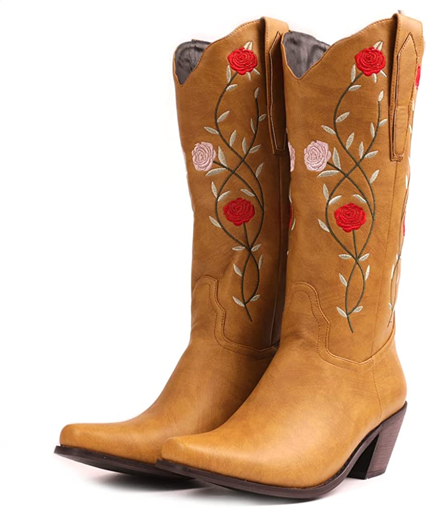 Women's Embroidered Snip Toe Mid-Calf Western Cowgirl Boots, 4, Beige n